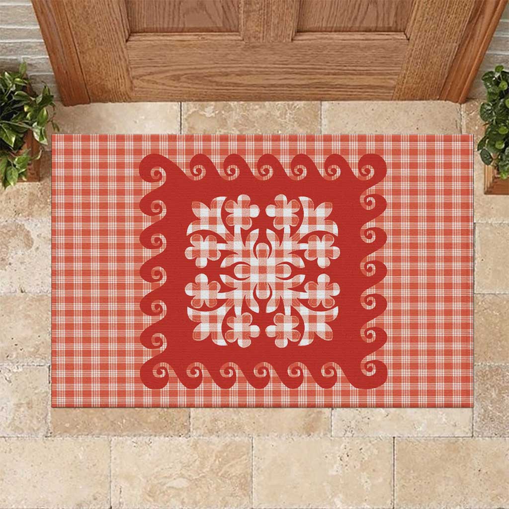 Red Ulu Palaka Quilt Pattern Rubber Doormat Hawaii Culture Breadfruit LT9 Red - Polynesian Pride