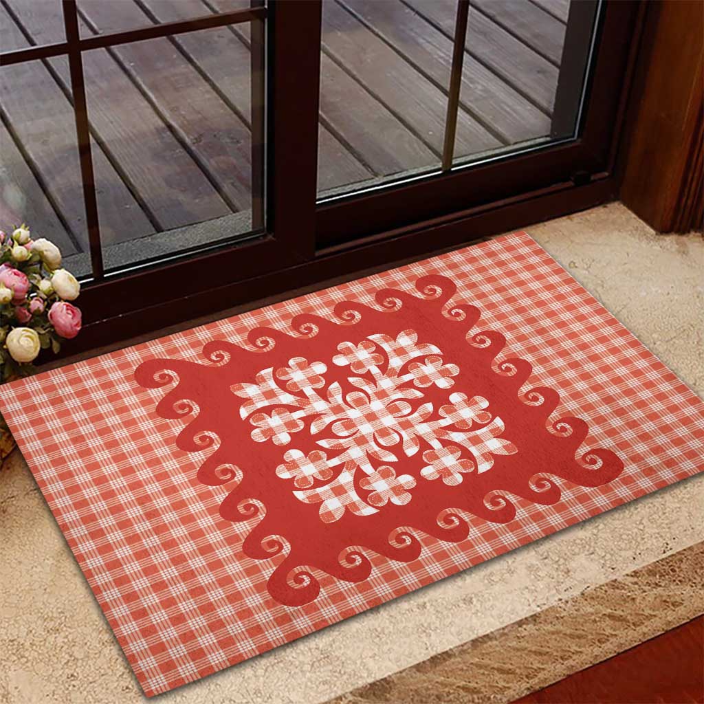 Red Ulu Palaka Quilt Pattern Rubber Doormat Hawaii Culture Breadfruit LT9 - Polynesian Pride