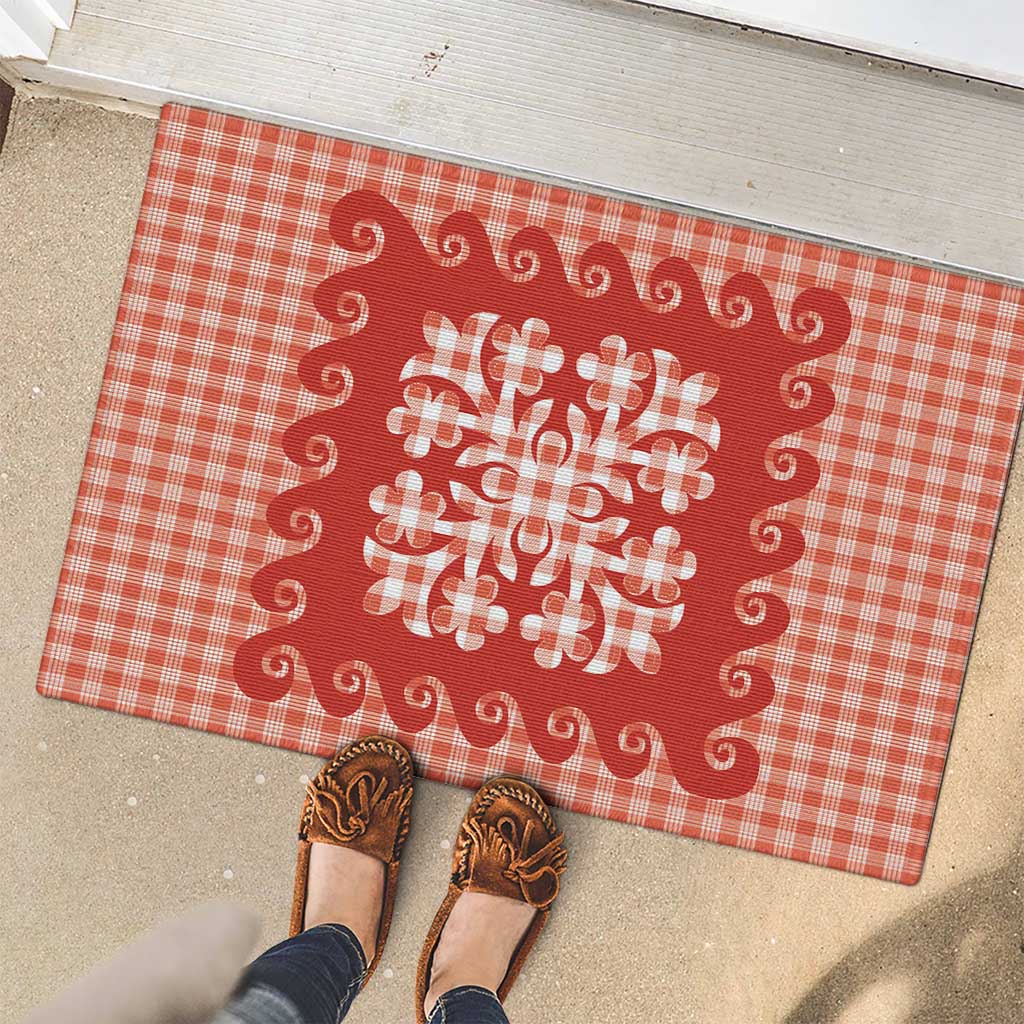 Red Ulu Palaka Quilt Pattern Rubber Doormat Hawaii Culture Breadfruit LT9 - Polynesian Pride