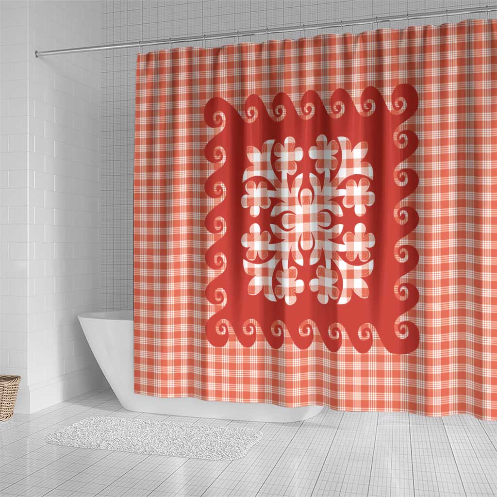 Red Ulu Palaka Quilt Pattern Shower Curtain Hawaii Culture Breadfruit - Polynesian Pride