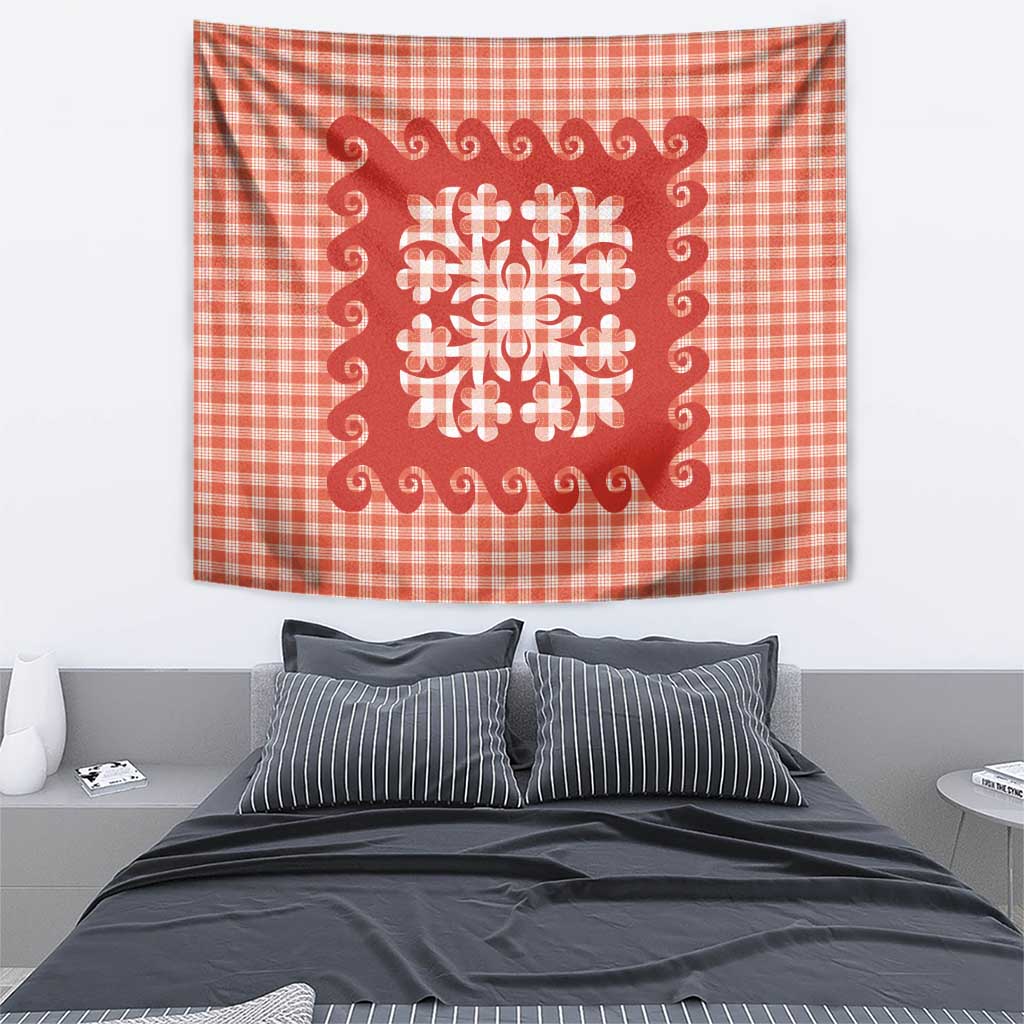 Red Ulu Palaka Quilt Pattern Tapestry Hawaii Culture Breadfruit LT9 - Polynesian Pride