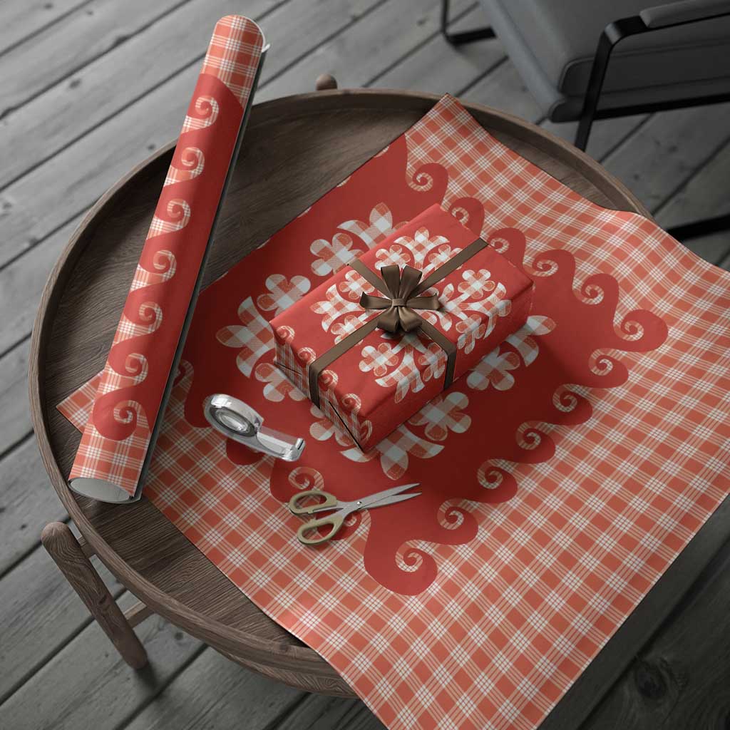 Red Ulu Palaka Quilt Pattern Wrapping Paper Hawaii Culture Breadfruit - Polynesian Pride