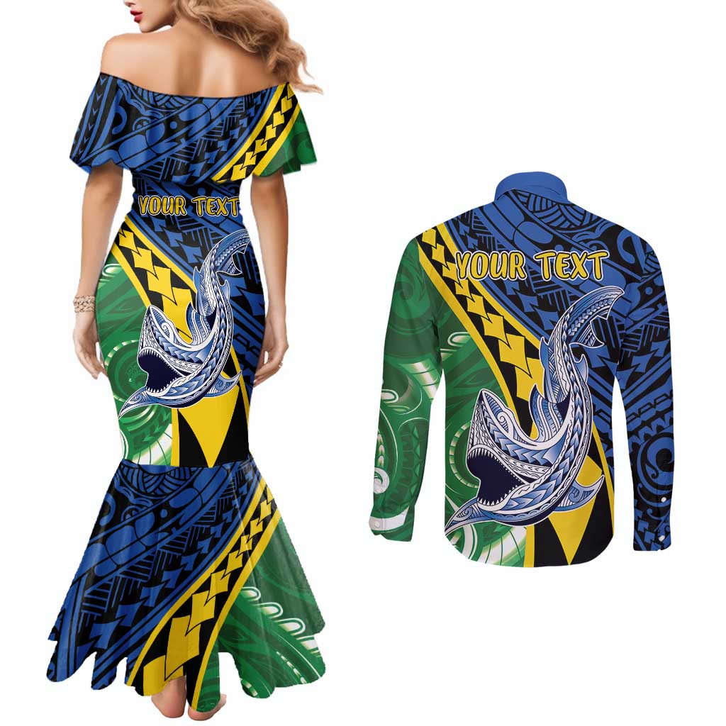 Personalised Crocodile and Shark Solomon Islands Couples Matching Mermaid Dress and Long Sleeve Button Shirt Polynesian Tribal Tattoo