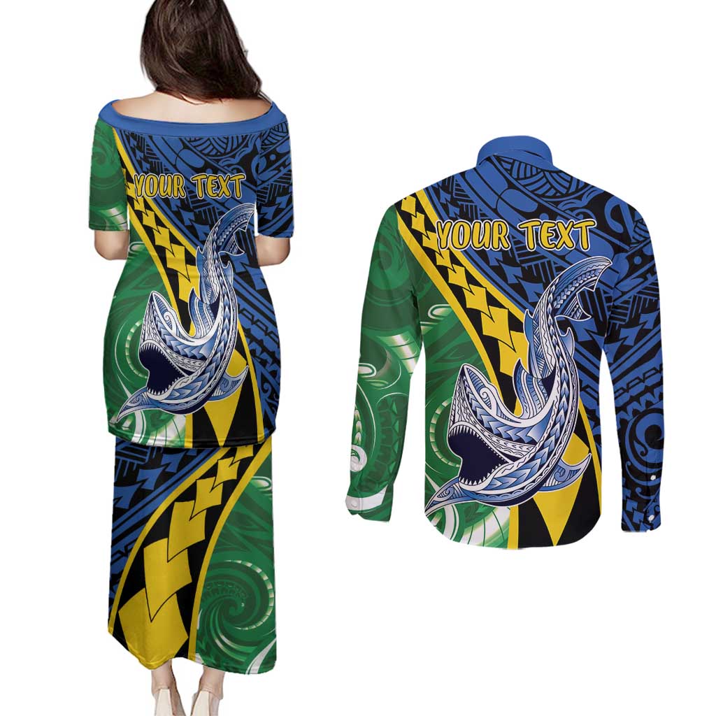 Personalised Crocodile and Shark Solomon Islands Couples Matching Puletasi and Long Sleeve Button Shirt Polynesian Tribal Tattoo