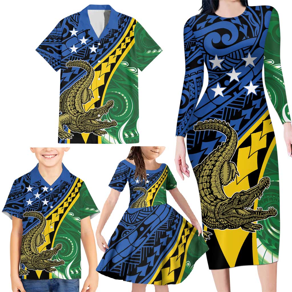 Personalised Crocodile and Shark Solomon Islands Family Matching Long Sleeve Bodycon Dress and Hawaiian Shirt Polynesian Tribal Tattoo LT9 - Polynesian Pride