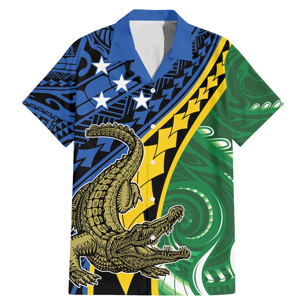Personalised Crocodile and Shark Solomon Islands Family Matching Mermaid Dress and Hawaiian Shirt Polynesian Tribal Tattoo LT9 Dad's Shirt - Short Sleeve Green - Polynesian Pride