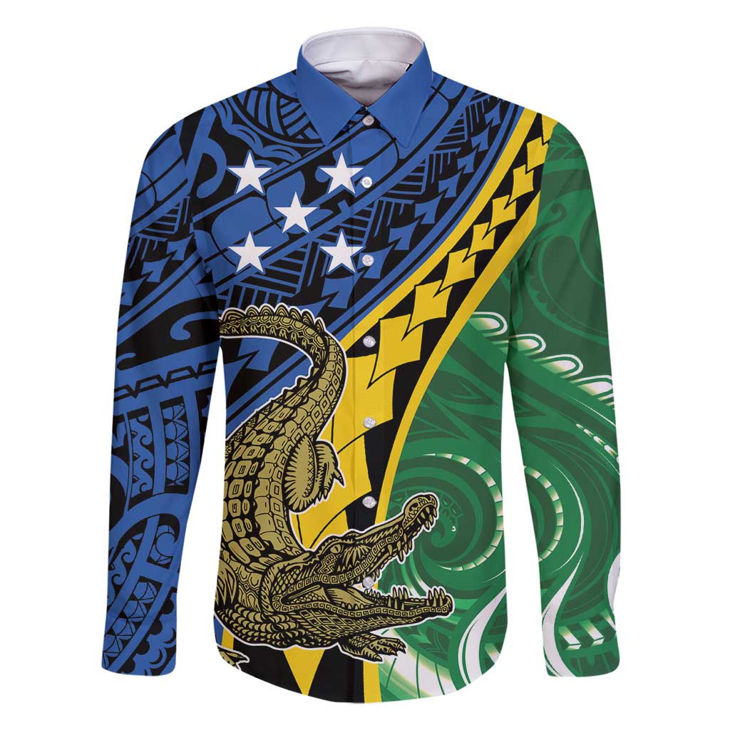 Personalised Crocodile and Shark Solomon Islands Family Matching Mermaid Dress and Hawaiian Shirt Polynesian Tribal Tattoo LT9 Dad's Shirt - Long Sleeve Green - Polynesian Pride