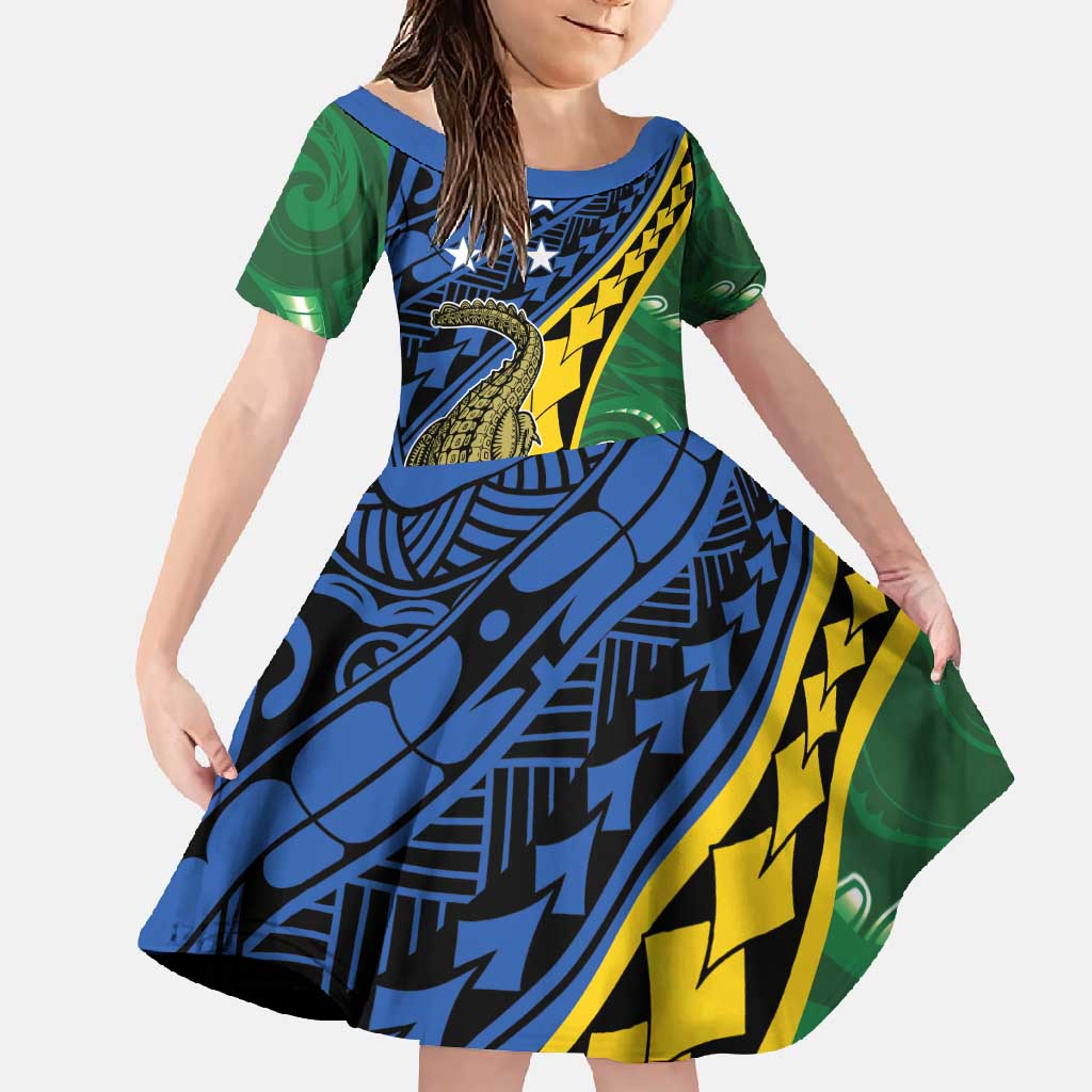 Personalised Crocodile and Shark Solomon Islands Family Matching Off Shoulder Maxi Dress and Hawaiian Shirt Polynesian Tribal Tattoo LT9 Daughter's Dress Green - Polynesian Pride