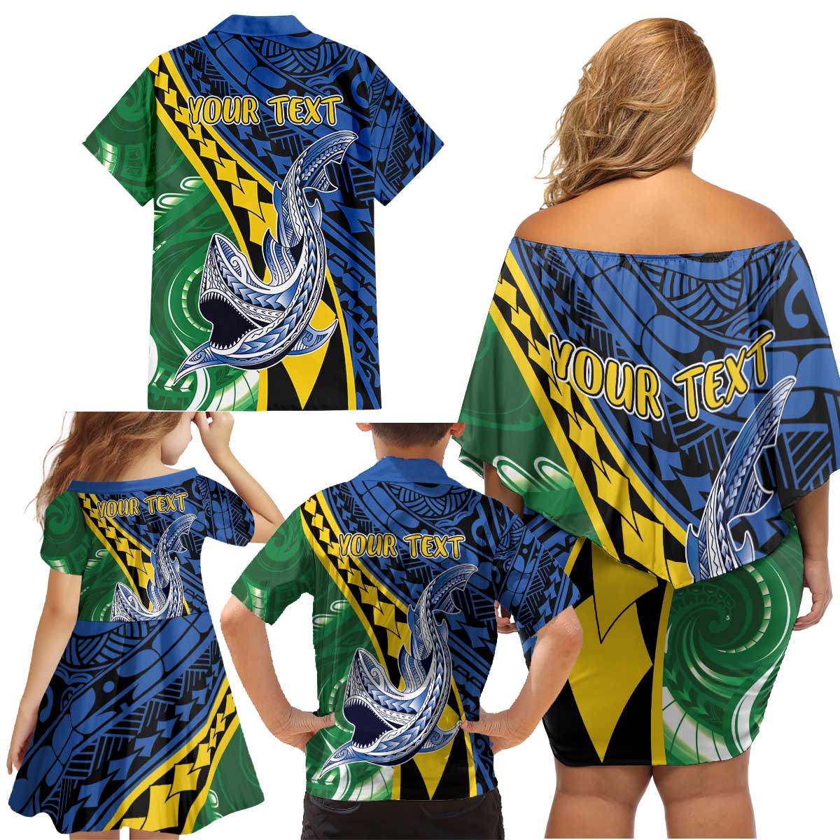 Personalised Crocodile and Shark Solomon Islands Family Matching Off Shoulder Short Dress and Hawaiian Shirt Polynesian Tribal Tattoo LT9 - Polynesian Pride