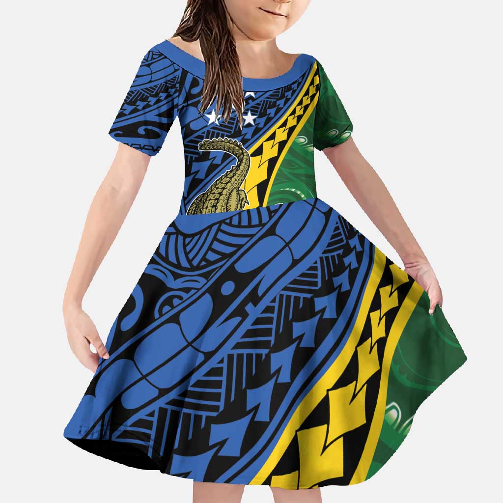 Personalised Crocodile and Shark Solomon Islands Family Matching Short Sleeve Bodycon Dress and Hawaiian Shirt Polynesian Tribal Tattoo LT9 Daughter's Dress Green - Polynesian Pride