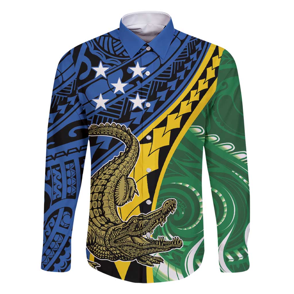 Personalised Crocodile and Shark Solomon Islands Family Matching Short Sleeve Bodycon Dress and Hawaiian Shirt Polynesian Tribal Tattoo LT9 Dad's Shirt - Long Sleeve Green - Polynesian Pride