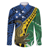 Personalised Crocodile and Shark Solomon Islands Family Matching Summer Maxi Dress and Hawaiian Shirt Polynesian Tribal Tattoo LT9 Dad's Shirt - Long Sleeve Green - Polynesian Pride
