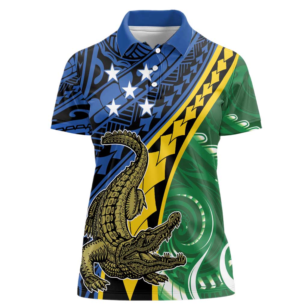 Personalised Crocodile and Shark Solomon Islands Women Polo Shirt Polynesian Tribal Tattoo