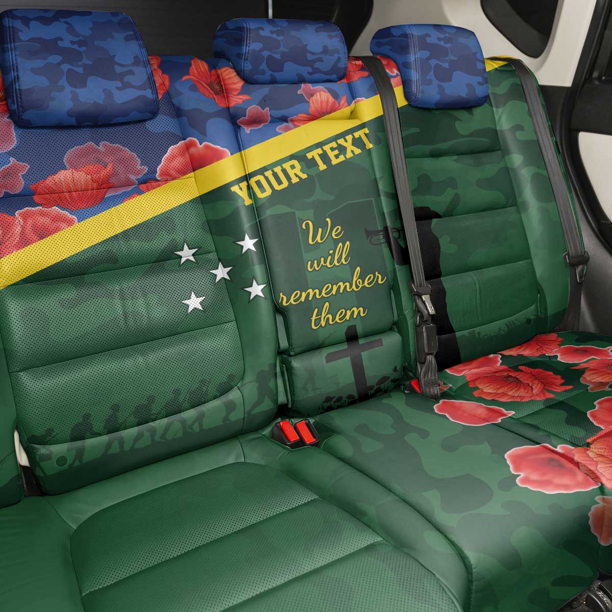 Personalised Solomon Islands Remembrance Day Back Car Seat Cover We Will Remember Them with Camouflage Style