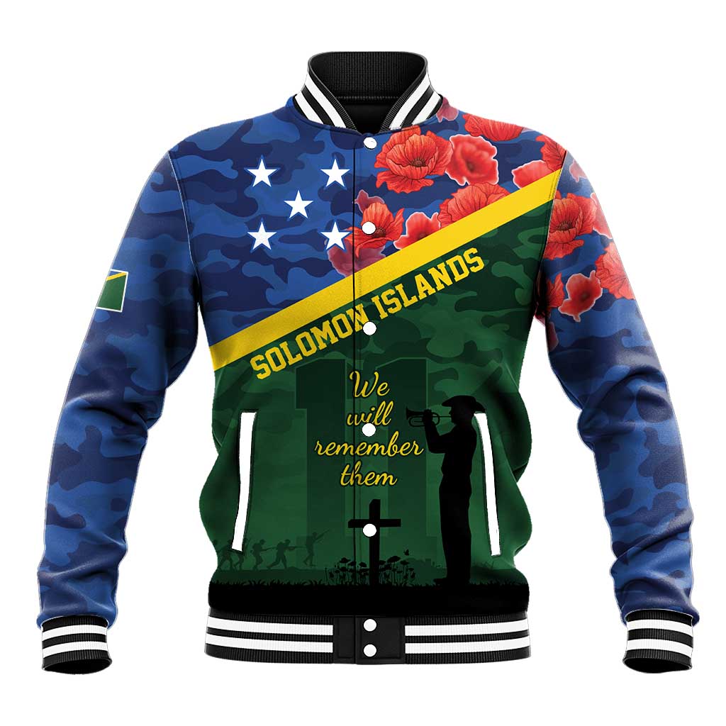 Personalised Solomon Islands Remembrance Day Baseball Jacket We Will Remember Them with Camouflage Style