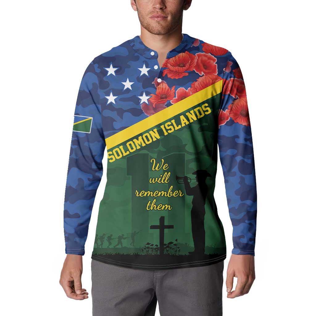 Personalised Solomon Islands Remembrance Day Button Sweatshirt We Will Remember Them with Camouflage Style