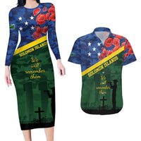Personalised Solomon Islands Remembrance Day Couples Matching Long Sleeve Bodycon Dress and Hawaiian Shirt We Will Remember Them with Camouflage Style LT9 Green - Polynesian Pride