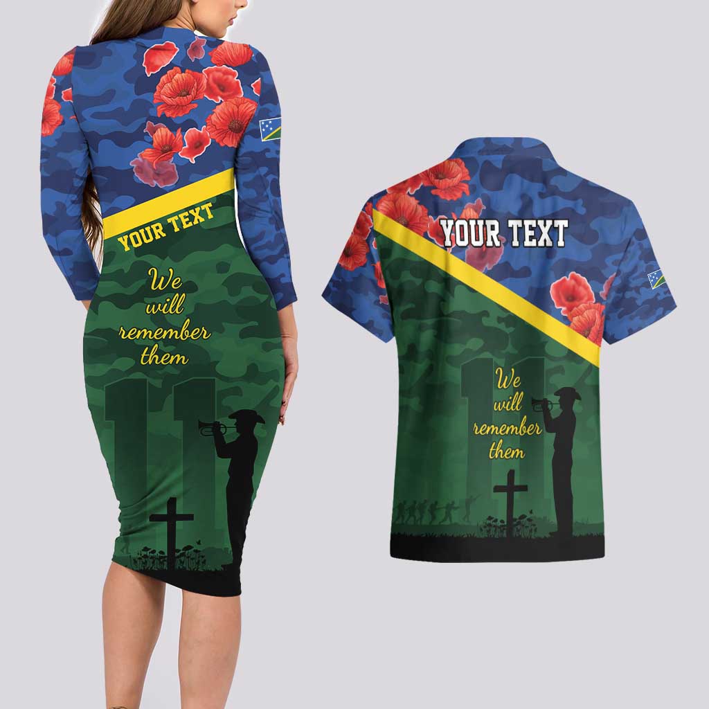 Personalised Solomon Islands Remembrance Day Couples Matching Long Sleeve Bodycon Dress and Hawaiian Shirt We Will Remember Them with Camouflage Style LT9 - Polynesian Pride