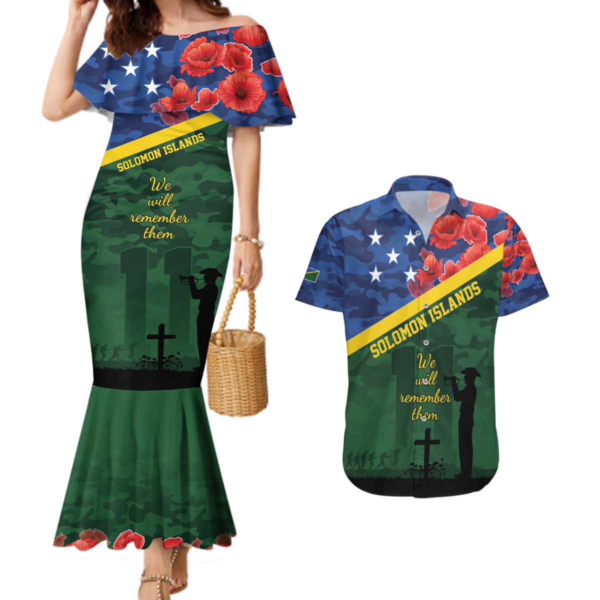 Personalised Solomon Islands Remembrance Day Couples Matching Mermaid Dress and Hawaiian Shirt We Will Remember Them with Camouflage Style LT9 Green - Polynesian Pride