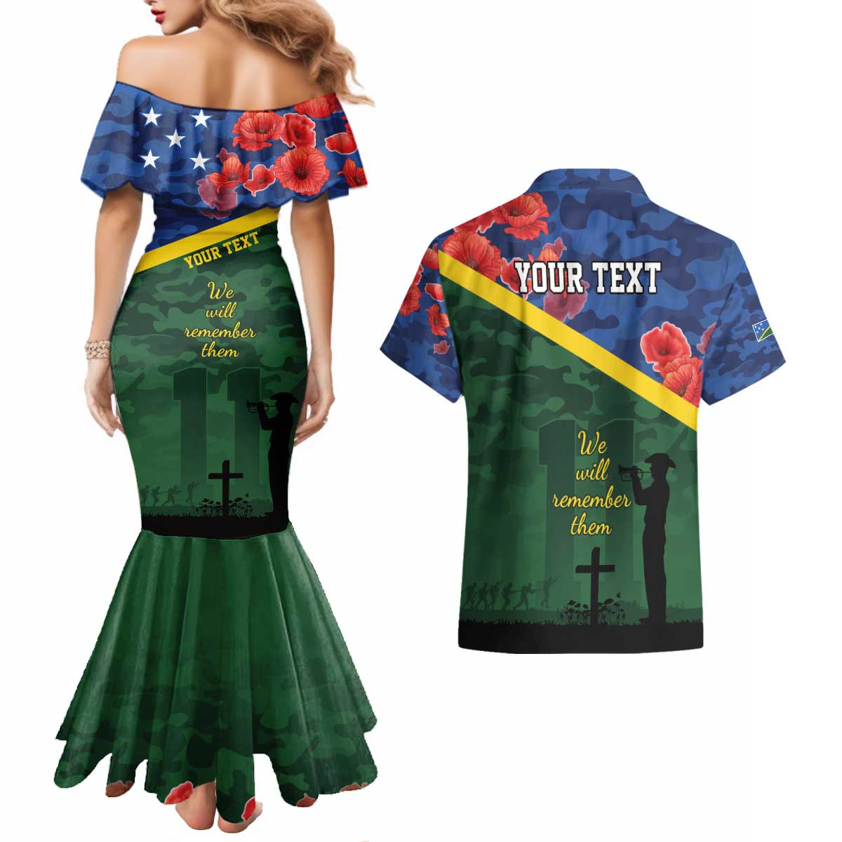 Personalised Solomon Islands Remembrance Day Couples Matching Mermaid Dress and Hawaiian Shirt We Will Remember Them with Camouflage Style LT9 - Polynesian Pride