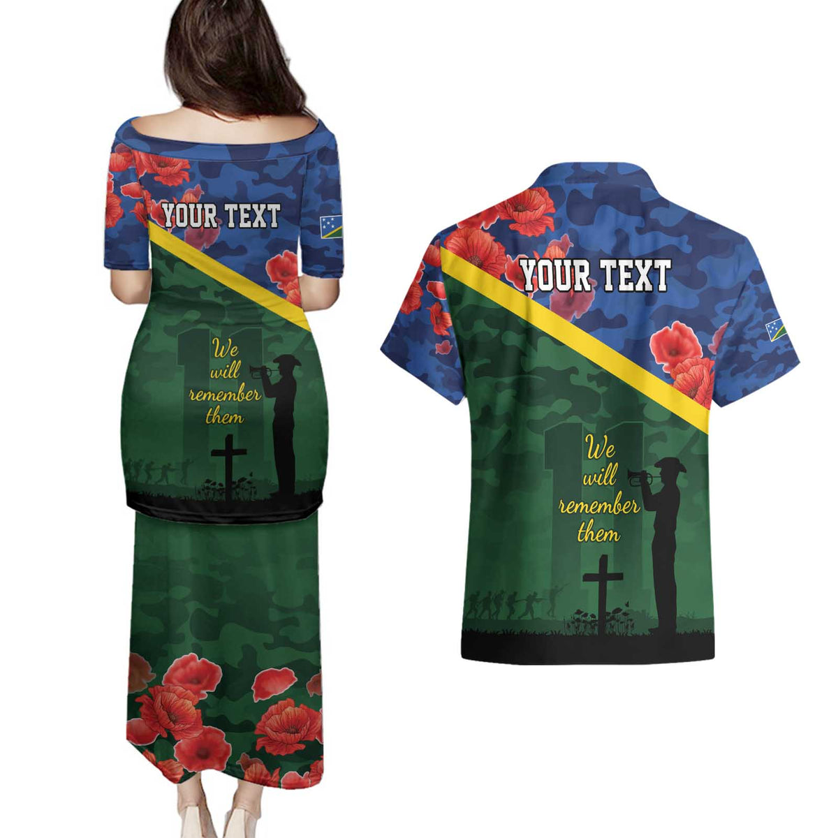 Personalised Solomon Islands Remembrance Day Couples Matching Puletasi and Hawaiian Shirt We Will Remember Them with Camouflage Style