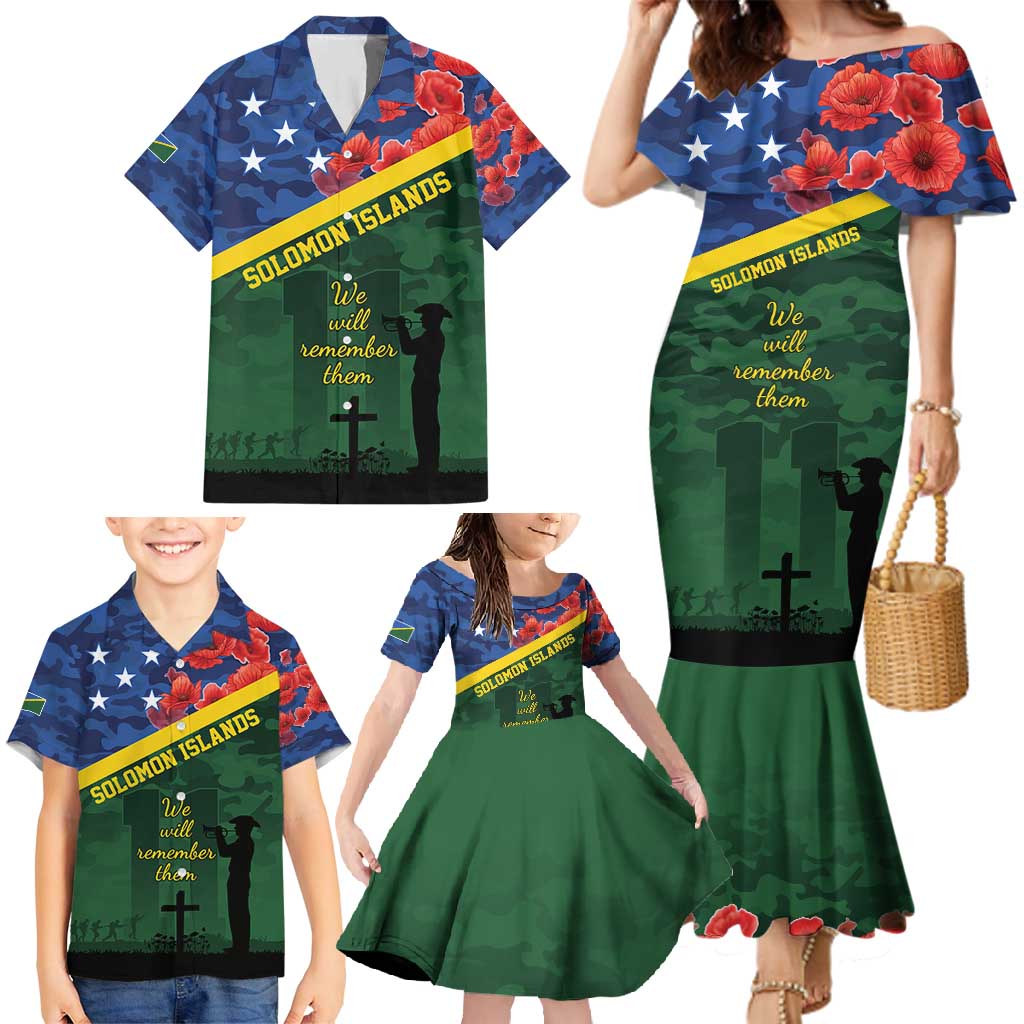 Personalised Solomon Islands Remembrance Day Family Matching Mermaid Dress and Hawaiian Shirt We Will Remember Them with Camouflage Style LT9 - Polynesian Pride