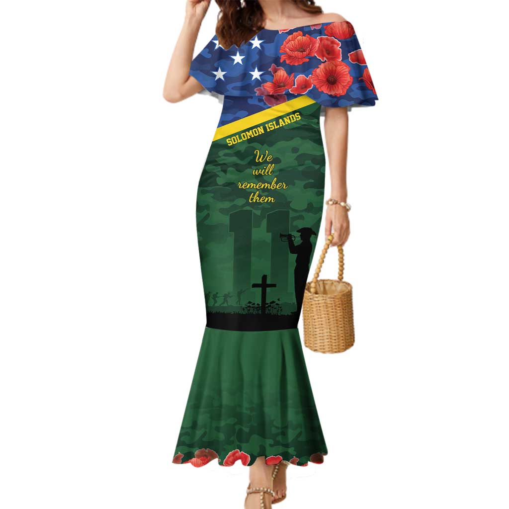 Personalised Solomon Islands Remembrance Day Family Matching Mermaid Dress and Hawaiian Shirt We Will Remember Them with Camouflage Style LT9 Mom's Dress Green - Polynesian Pride