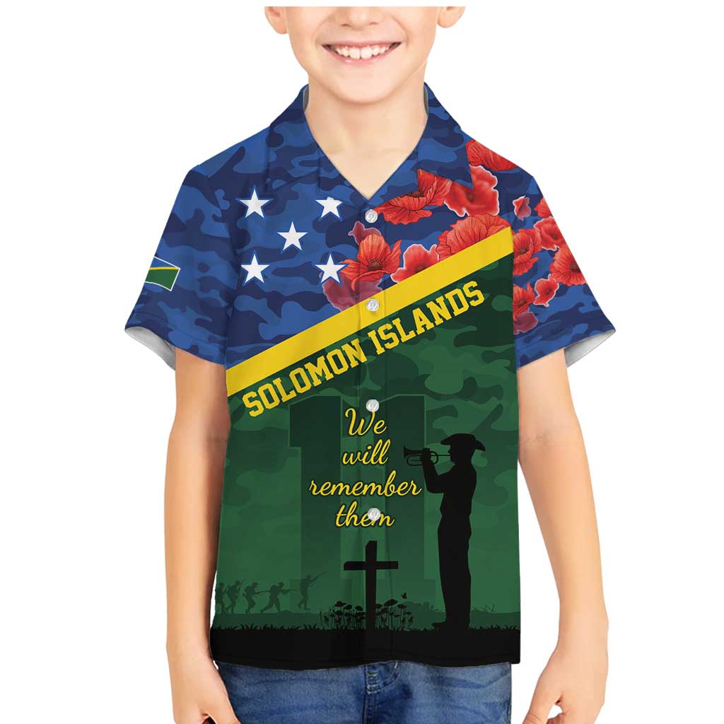 Personalised Solomon Islands Remembrance Day Family Matching Mermaid Dress and Hawaiian Shirt We Will Remember Them with Camouflage Style LT9 Son's Shirt Green - Polynesian Pride