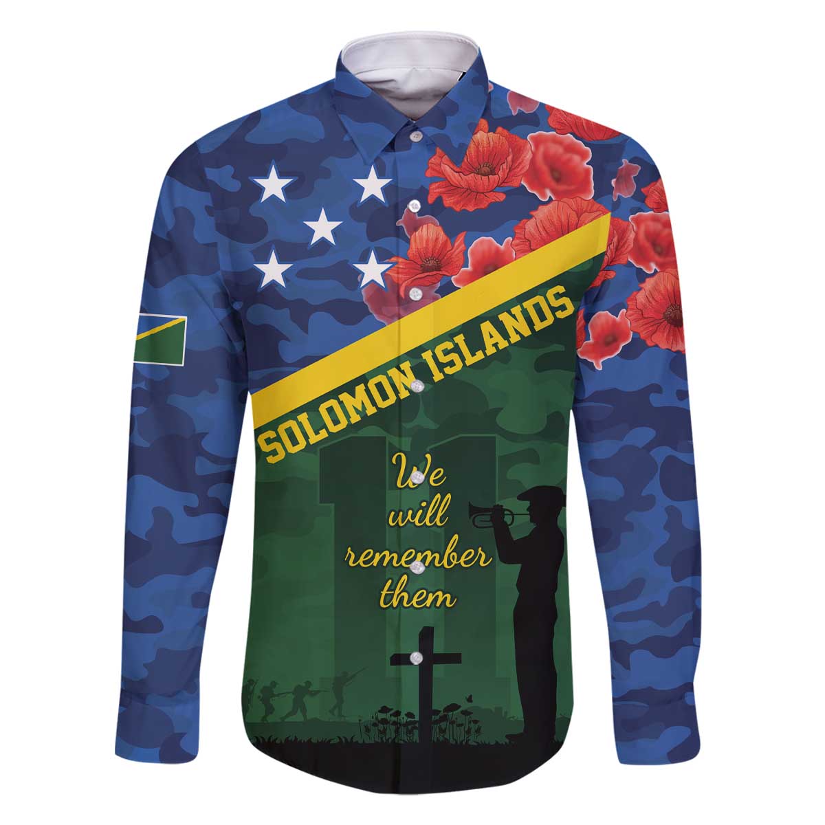 Personalised Solomon Islands Remembrance Day Family Matching Off The Shoulder Long Sleeve Dress and Hawaiian Shirt We Will Remember Them with Camouflage Style
