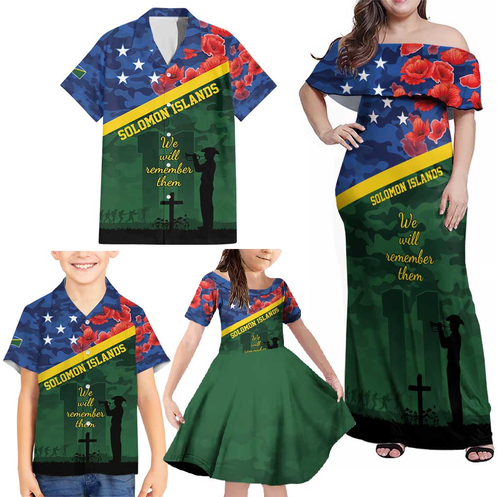Personalised Solomon Islands Remembrance Day Family Matching Off Shoulder Maxi Dress and Hawaiian Shirt We Will Remember Them with Camouflage Style LT9 - Polynesian Pride