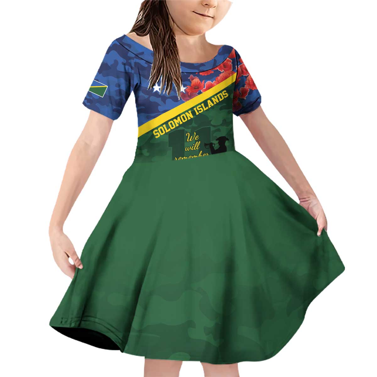 Personalised Solomon Islands Remembrance Day Family Matching Off Shoulder Short Dress and Hawaiian Shirt We Will Remember Them with Camouflage Style LT9 Daughter's Dress Green - Polynesian Pride