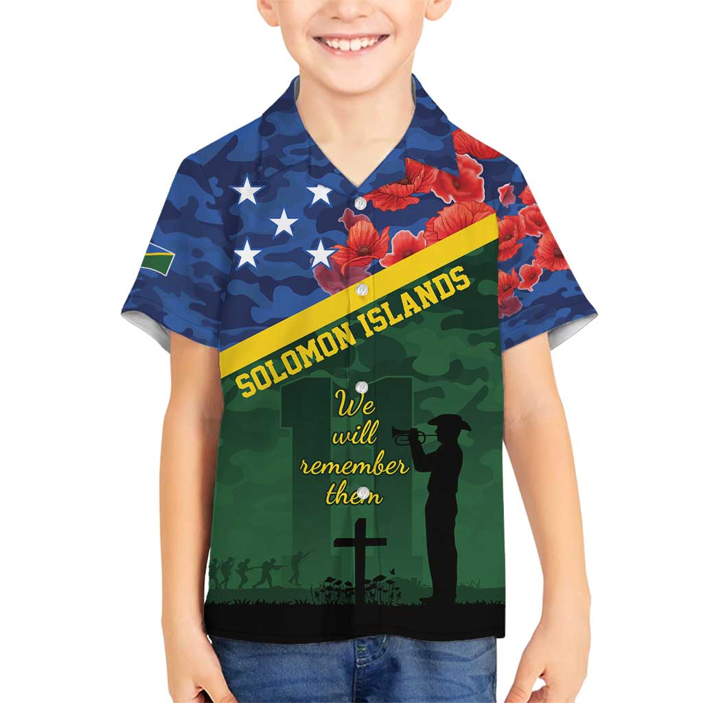 Personalised Solomon Islands Remembrance Day Family Matching Summer Maxi Dress and Hawaiian Shirt We Will Remember Them with Camouflage Style LT9 Son's Shirt Green - Polynesian Pride