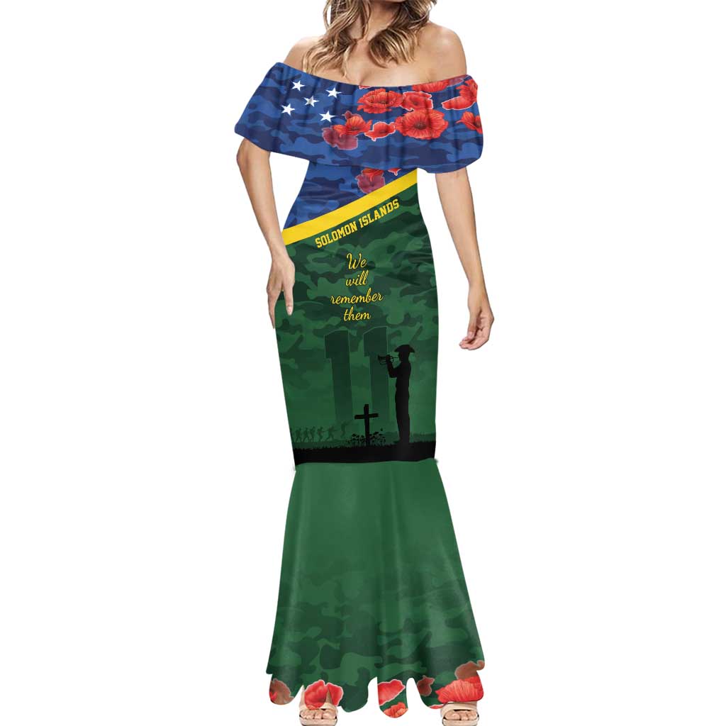 Personalised Solomon Islands Remembrance Day Mermaid Dress We Will Remember Them with Camouflage Style LT9 - Polynesian Pride