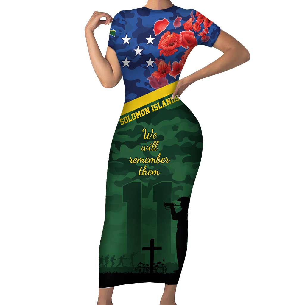 Personalised Solomon Islands Remembrance Day Short Sleeve Bodycon Dress We Will Remember Them with Camouflage Style