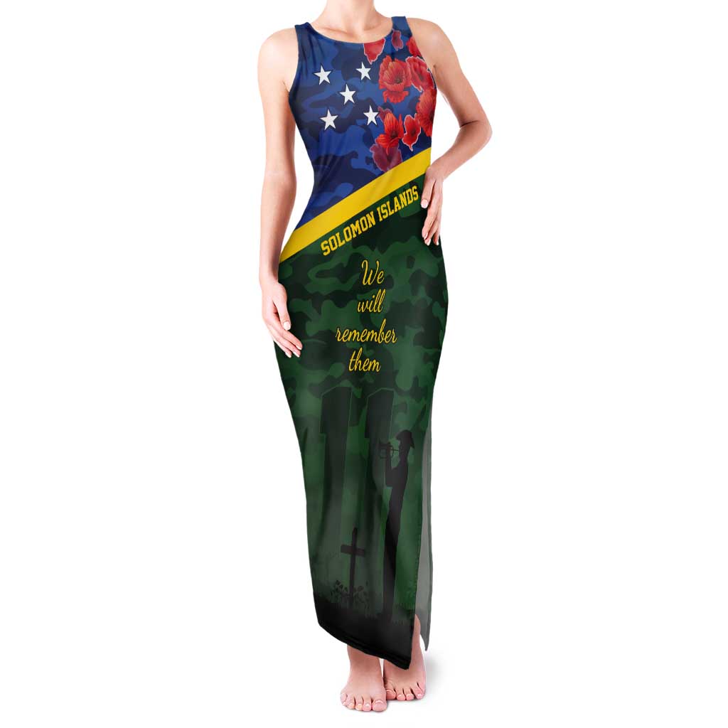 Personalised Solomon Islands Remembrance Day Tank Maxi Dress We Will Remember Them with Camouflage Style LT9 Women Green - Polynesian Pride