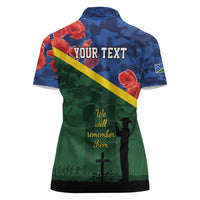 Personalised Solomon Islands Remembrance Day Women Polo Shirt We Will Remember Them with Camouflage Style