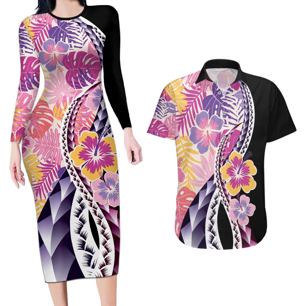 Aloha Vintage Hibiscus Lei Seamless Pattern Couples Matching Long Sleeve Bodycon Dress and Hawaiian Shirt - Polynesian Pride