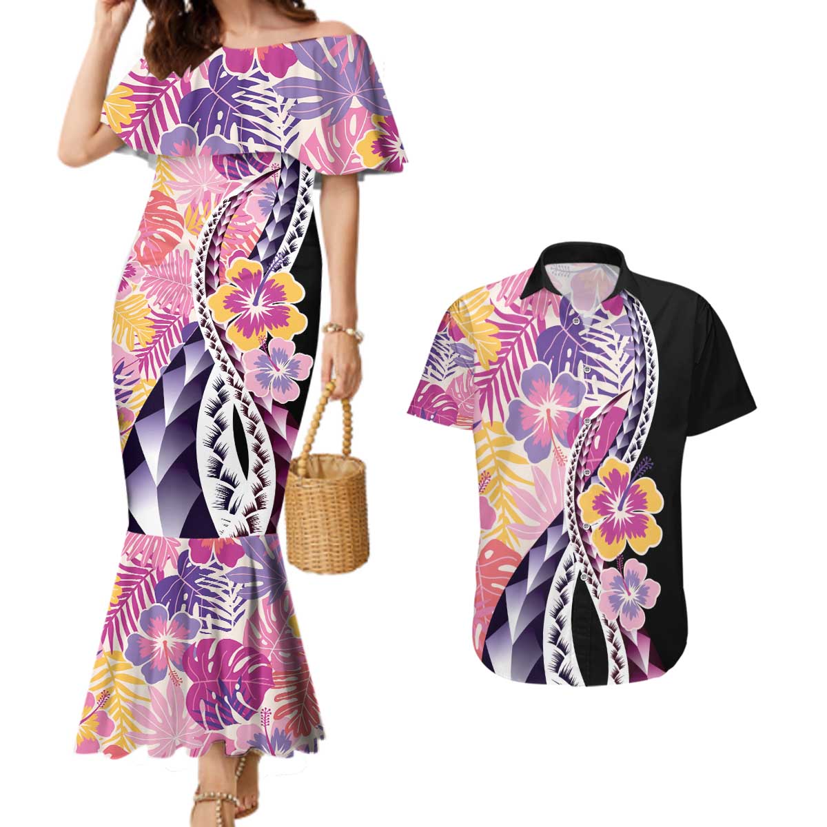Aloha Vintage Hibiscus Lei Seamless Pattern Couples Matching Mermaid Dress and Hawaiian Shirt - Polynesian Pride