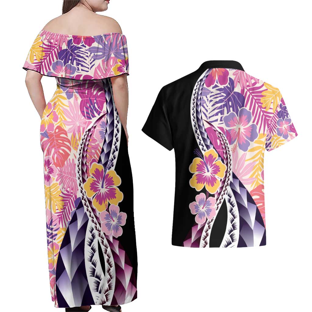 Aloha Vintage Hibiscus Lei Seamless Pattern Couples Matching Off Shoulder Maxi Dress and Hawaiian Shirt - Polynesian Pride
