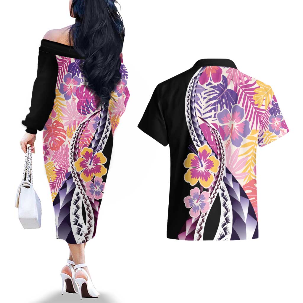 Aloha Vintage Hibiscus Lei Seamless Pattern Couples Matching Off The Shoulder Long Sleeve Dress and Hawaiian Shirt - Polynesian Pride