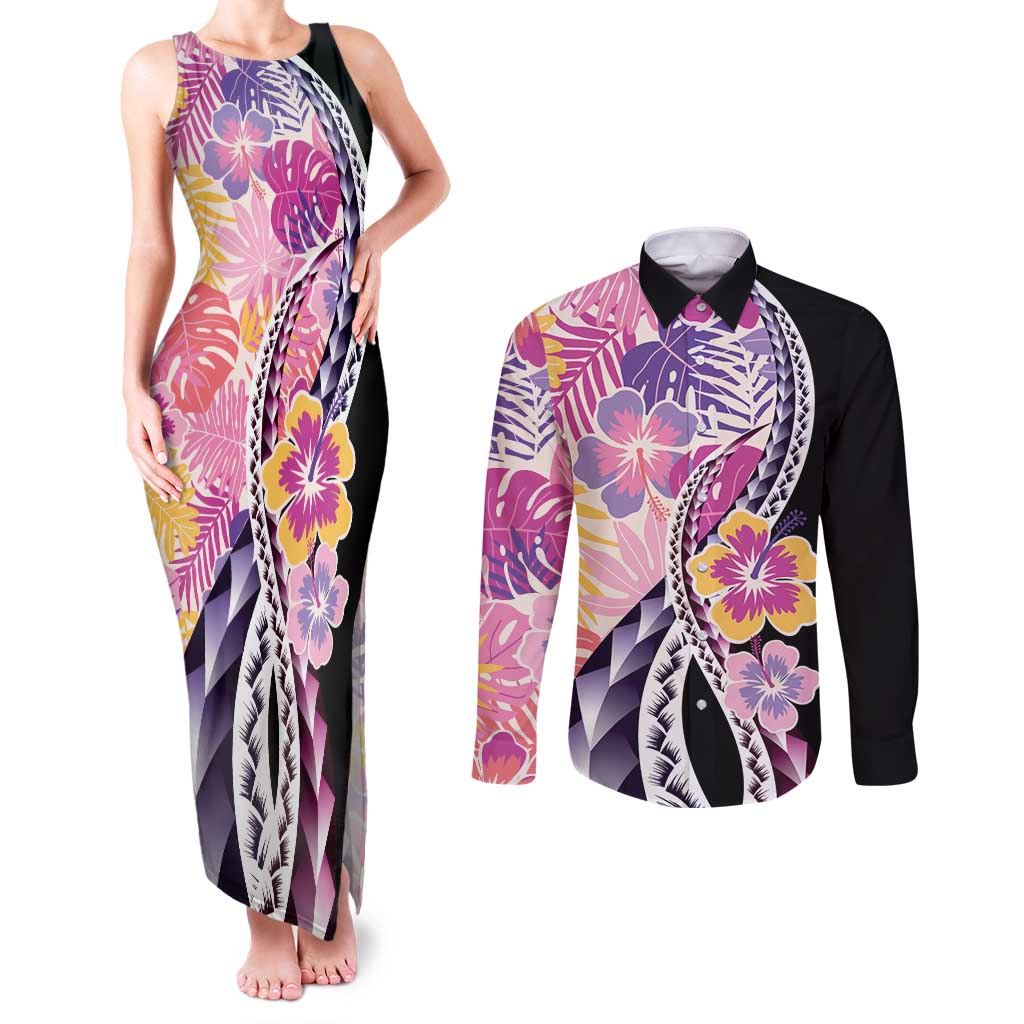 Aloha Vintage Hibiscus Lei Seamless Pattern Couples Matching Tank Maxi Dress and Long Sleeve Button Shirt - Polynesian Pride