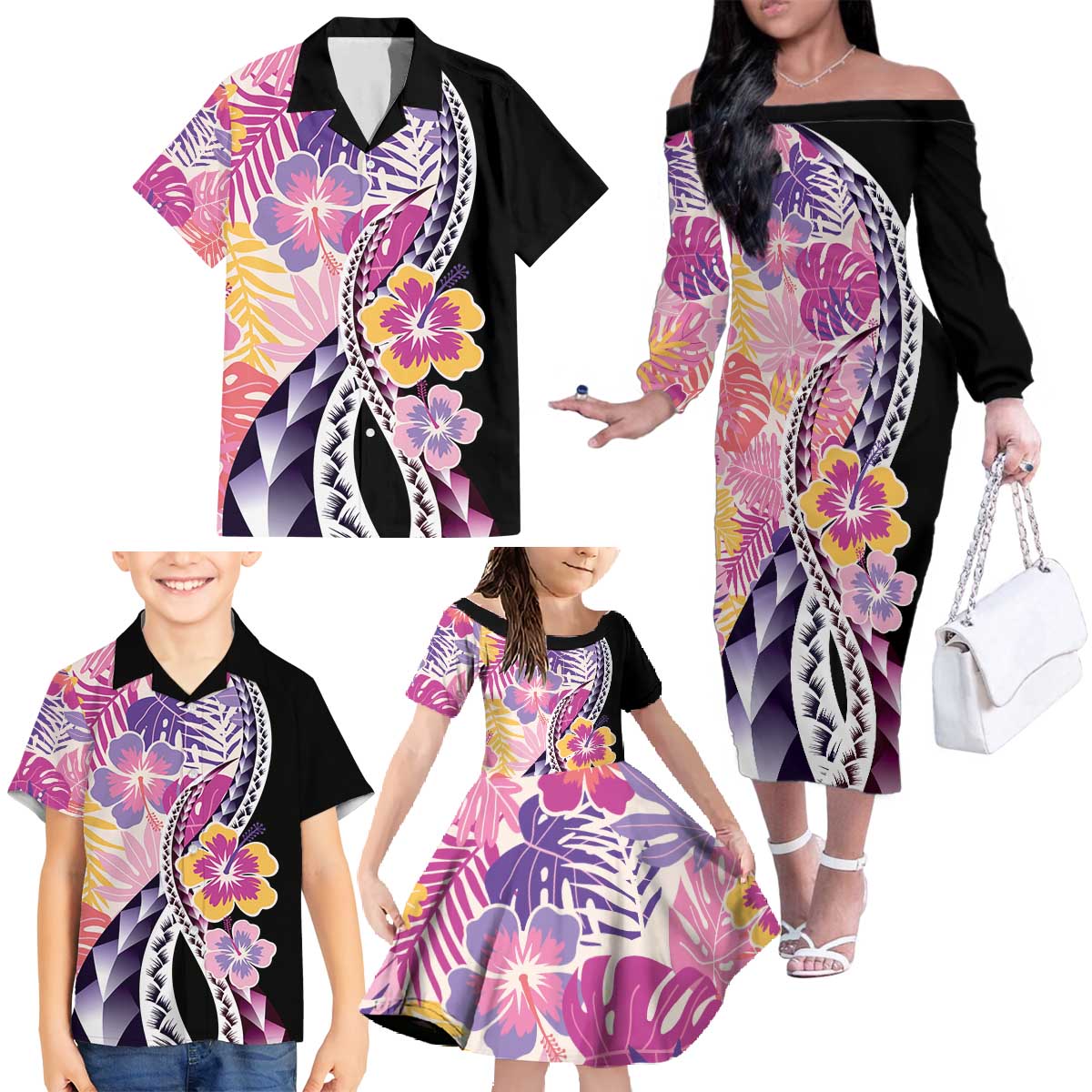 Aloha Vintage Hibiscus Lei Seamless Pattern Family Matching Off The Shoulder Long Sleeve Dress and Hawaiian Shirt - Polynesian Pride