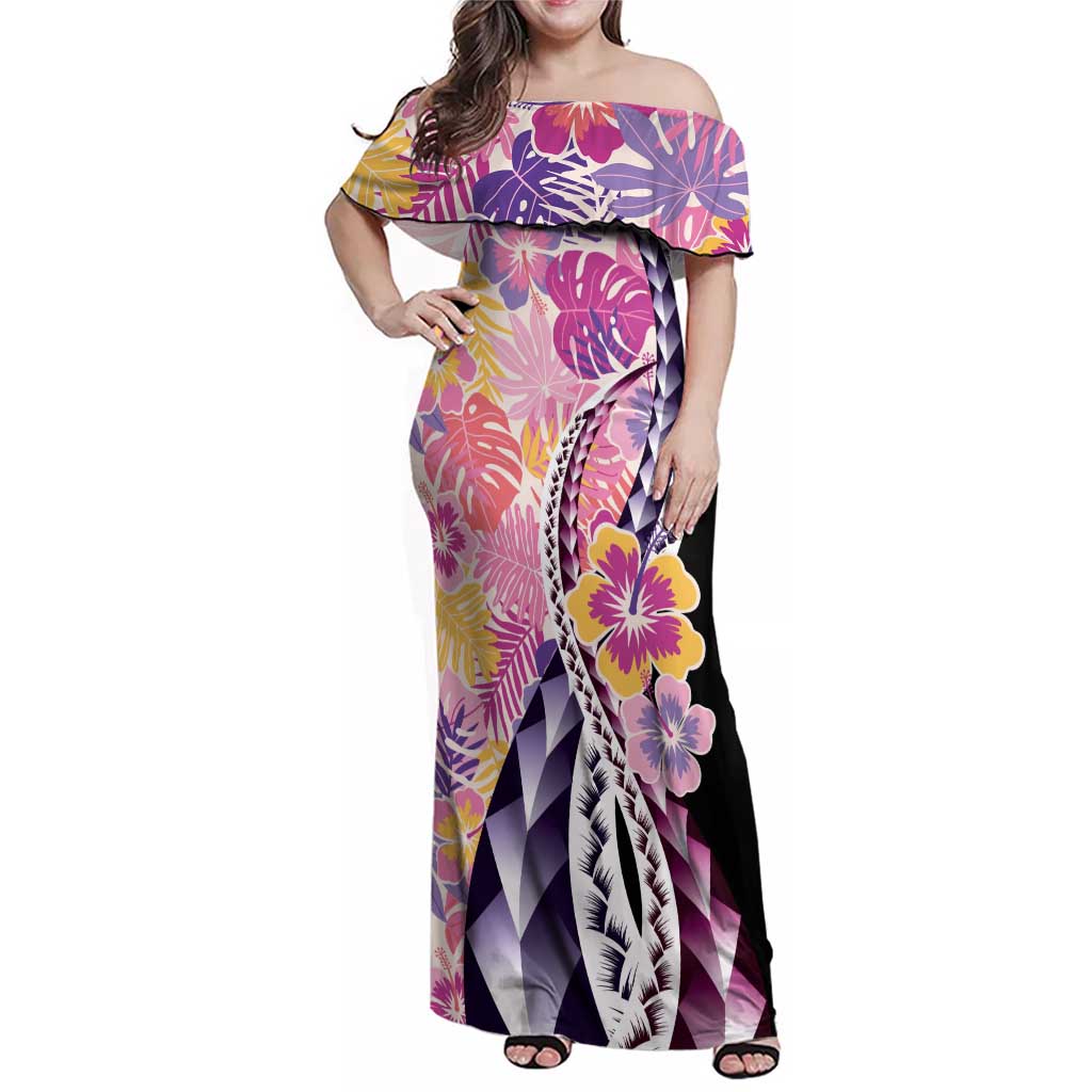 Aloha Vintage Hibiscus Lei Seamless Pattern Family Matching Off Shoulder Maxi Dress and Hawaiian Shirt - Polynesian Pride