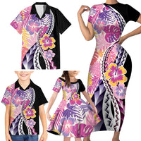 Aloha Vintage Hibiscus Lei Seamless Pattern Family Matching Short Sleeve Bodycon Dress and Hawaiian Shirt - Polynesian Pride