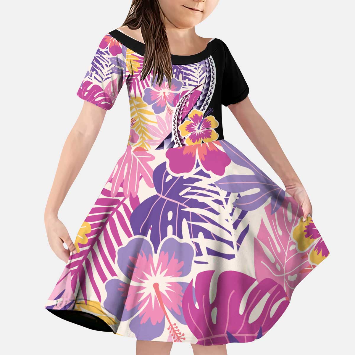 Aloha Vintage Hibiscus Lei Seamless Pattern Kid Short Sleeve Dress - Polynesian Pride
