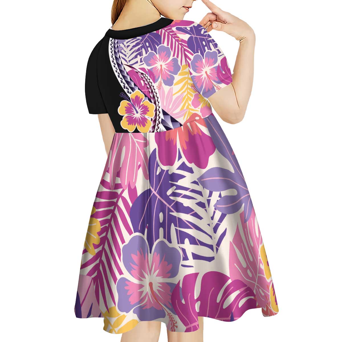 Aloha Vintage Hibiscus Lei Seamless Pattern Kid Short Sleeve Dress - Polynesian Pride