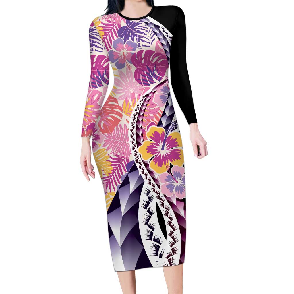 Aloha Vintage Hibiscus Lei Seamless Pattern Long Sleeve Bodycon Dress LT9 Long Dress Pink - Polynesian Pride