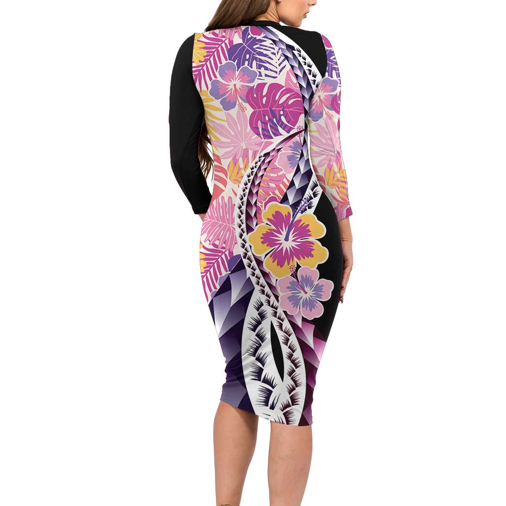 Aloha Vintage Hibiscus Lei Seamless Pattern Long Sleeve Bodycon Dress LT9 - Polynesian Pride