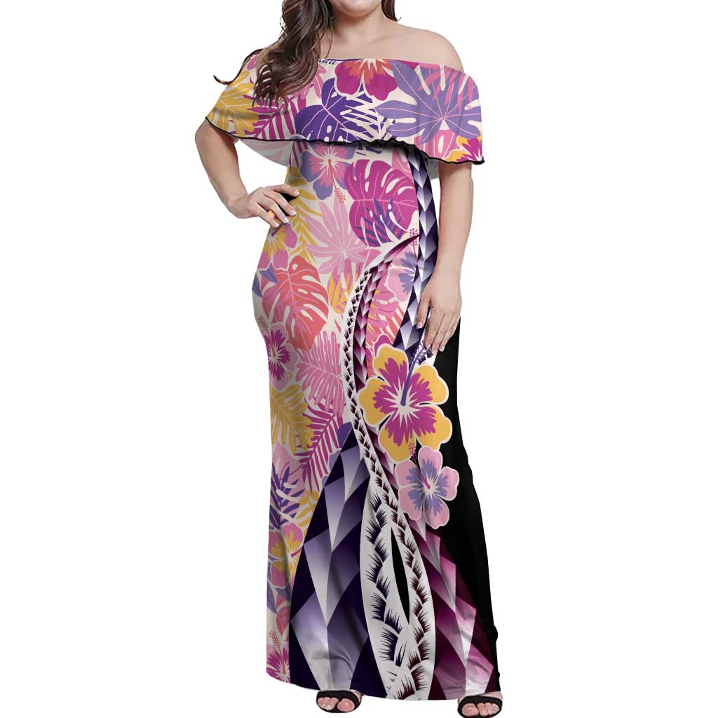 Aloha Vintage Hibiscus Lei Seamless Pattern Off Shoulder Maxi Dress LT9 Women Pink - Polynesian Pride