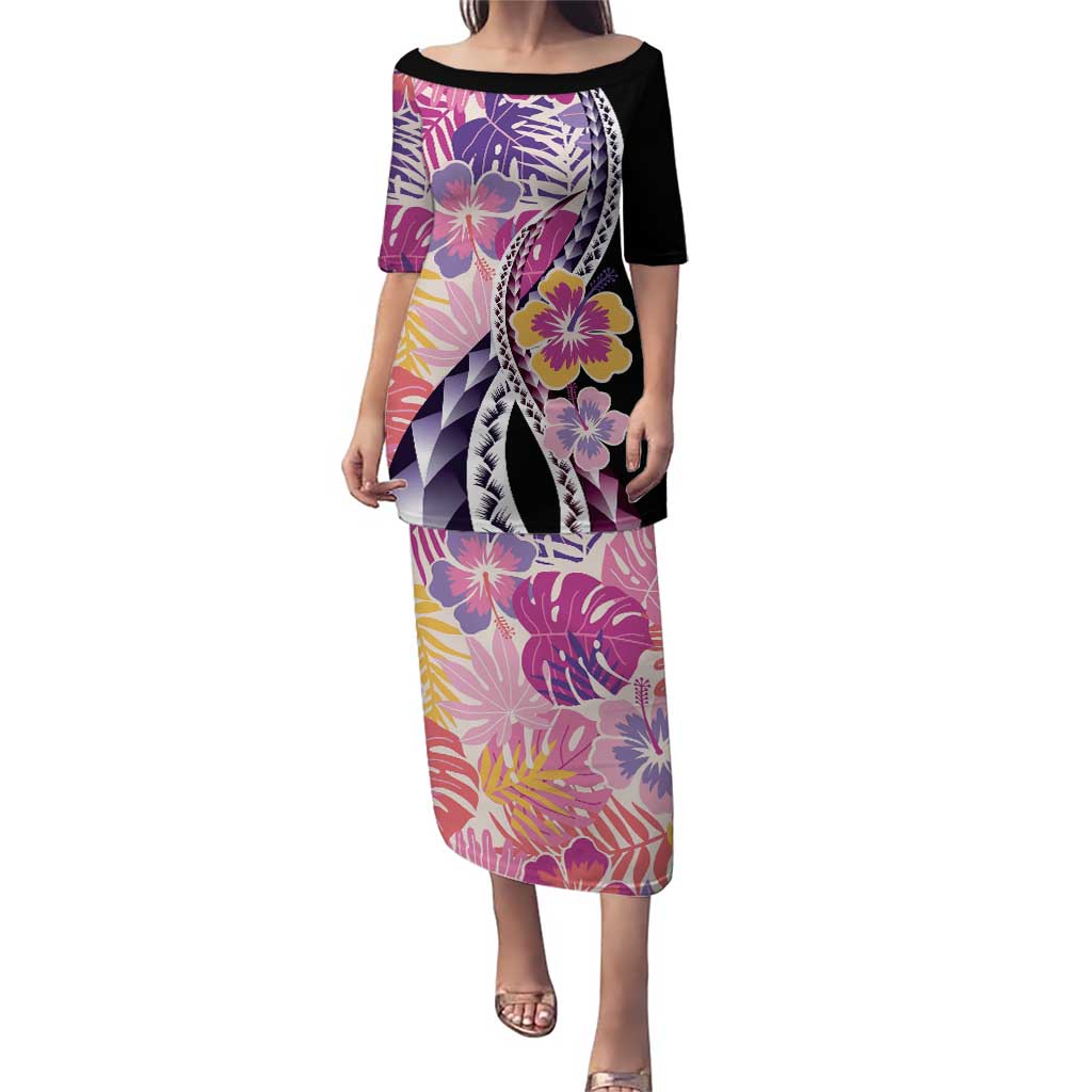 Aloha Vintage Hibiscus Lei Seamless Pattern Puletasi LT9 Long Dress Pink - Polynesian Pride